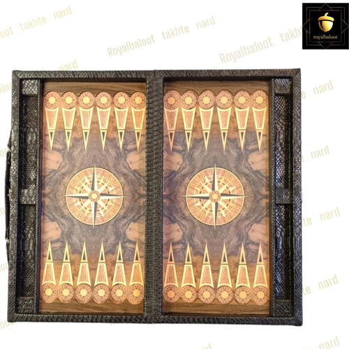 تخته نرد چوبی طرح چرم مدل قطب نما با مهره و تاس